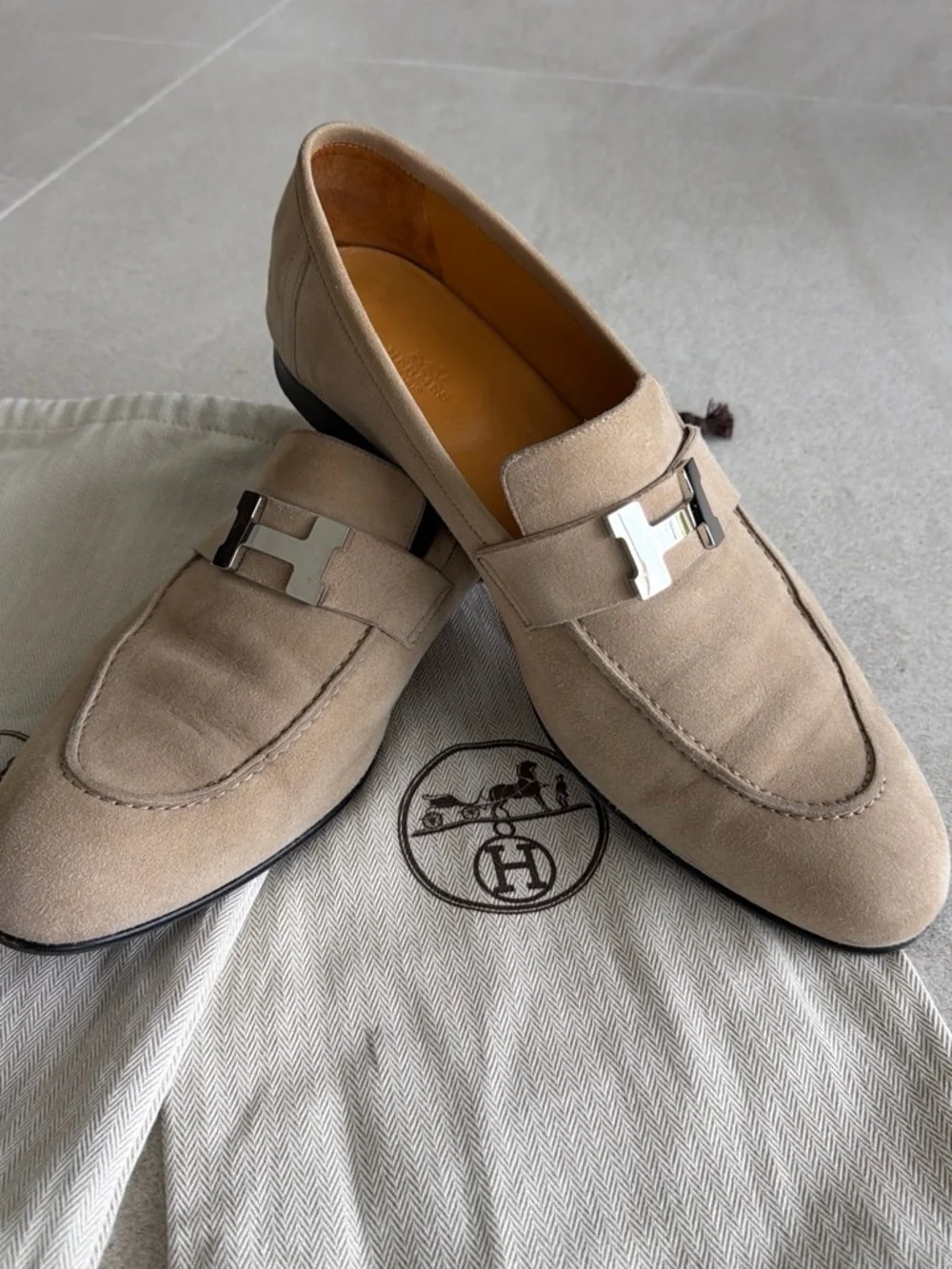 Hermes Beige Suede Men's Paris Loafers with Silver H Buckle